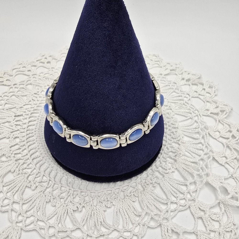 Blue Cats Eye Tennis Bracelet Silver tone Link 7.25"